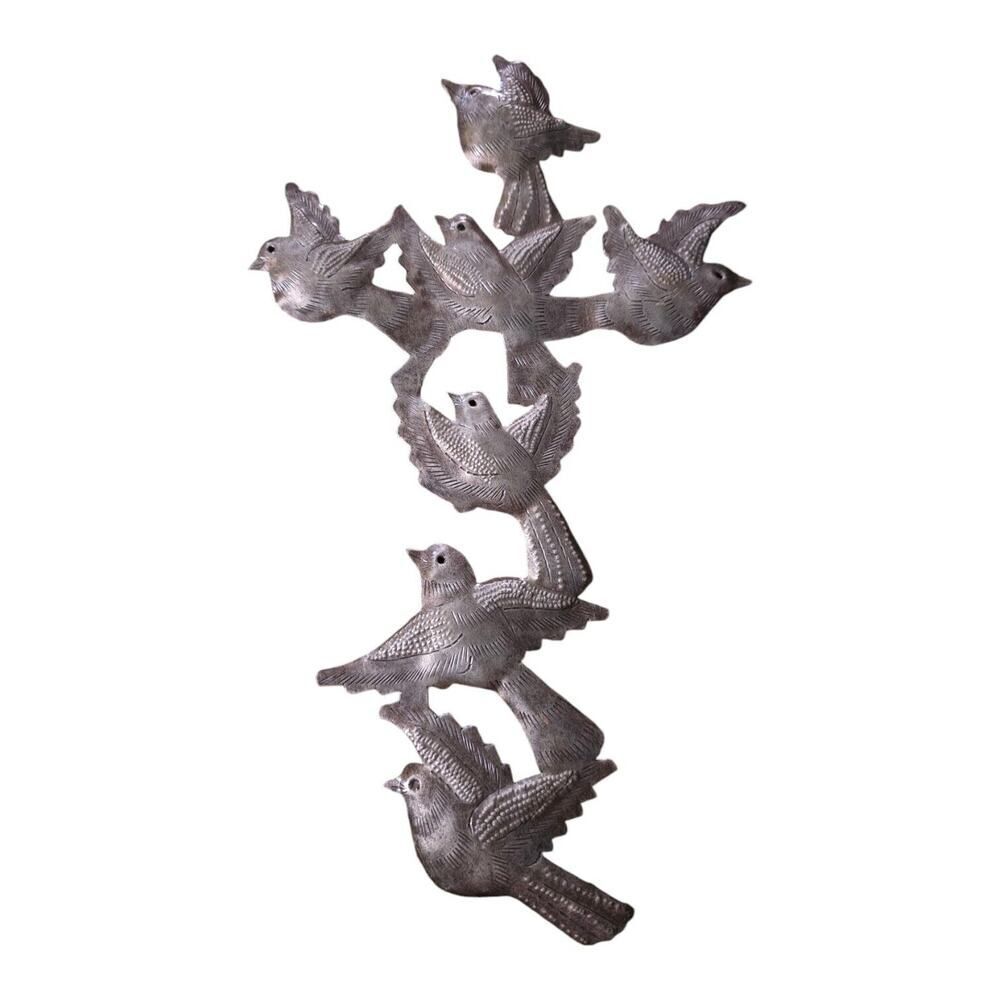 Vintage Haitian Metal Steel Flock Of Birds Cross Shape Decor Haiti Folk Art
